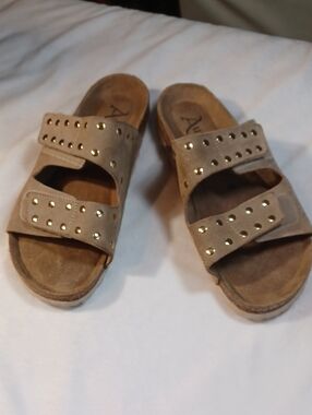 auteni leather gold studs tan corks comfort sandals slides 39  8.5
